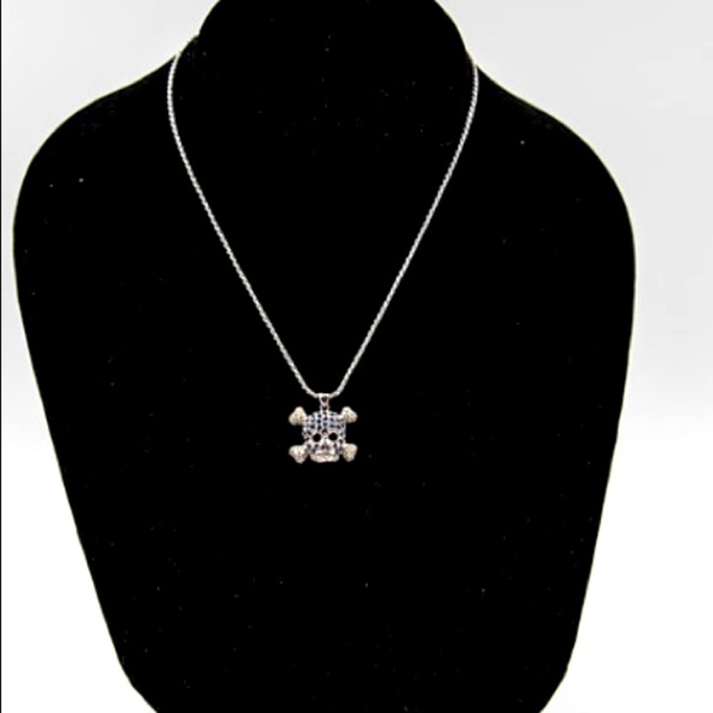 Necklace 18 K  White Gold  Skull, sapphires  blue and white , good luck pendent